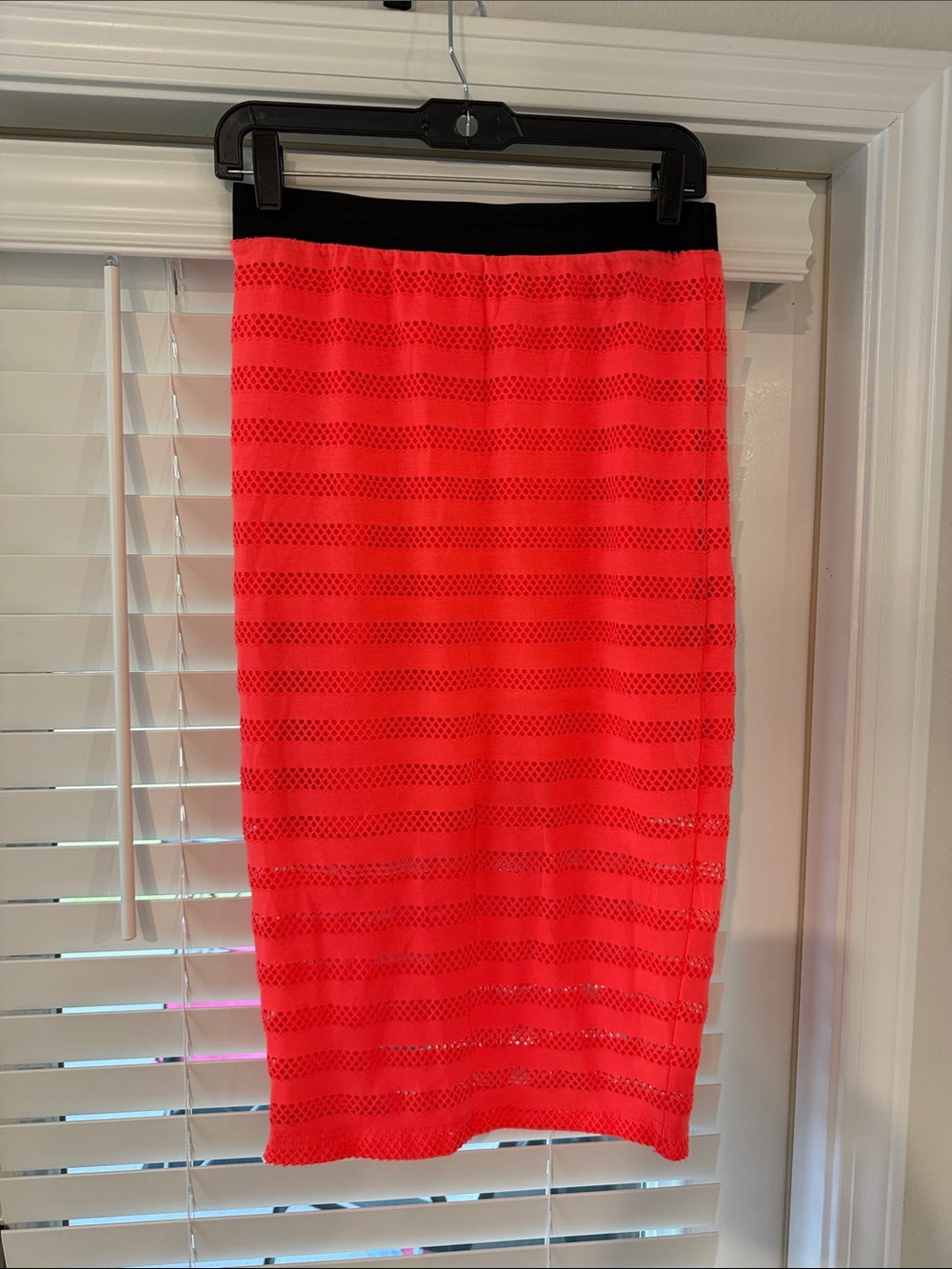 2B Bebe Red Crochet Pencil Skirt with Black Waistband
